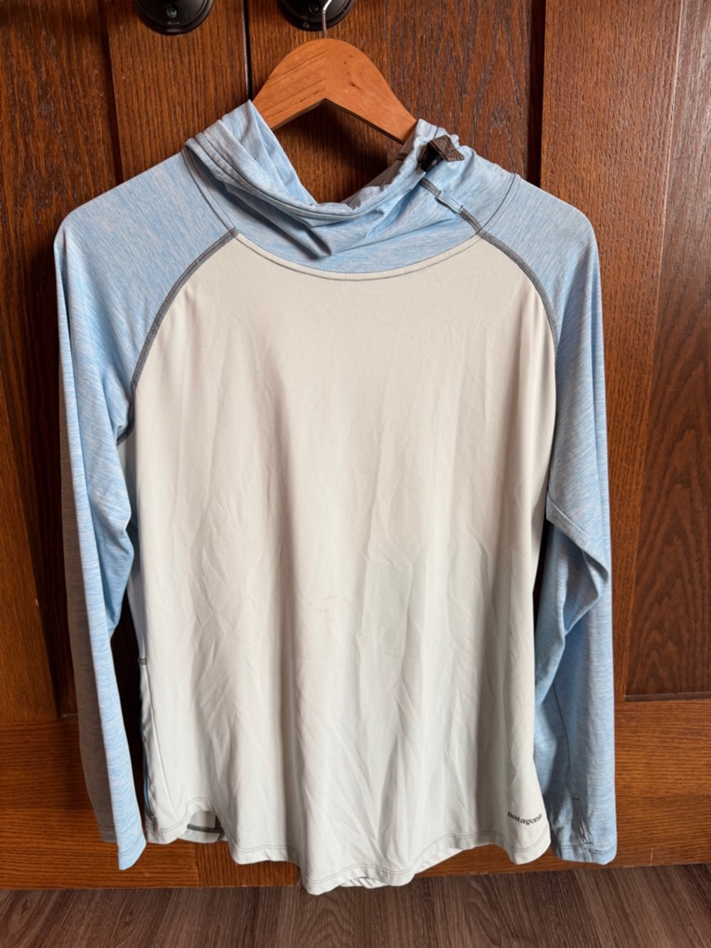 Patagonia Light Blue and White Hooded Capilene Top